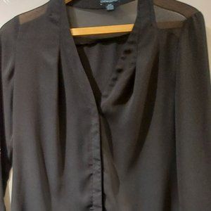 Cynthia Rowley Black Sheer Blouse Button Up V (Sp)